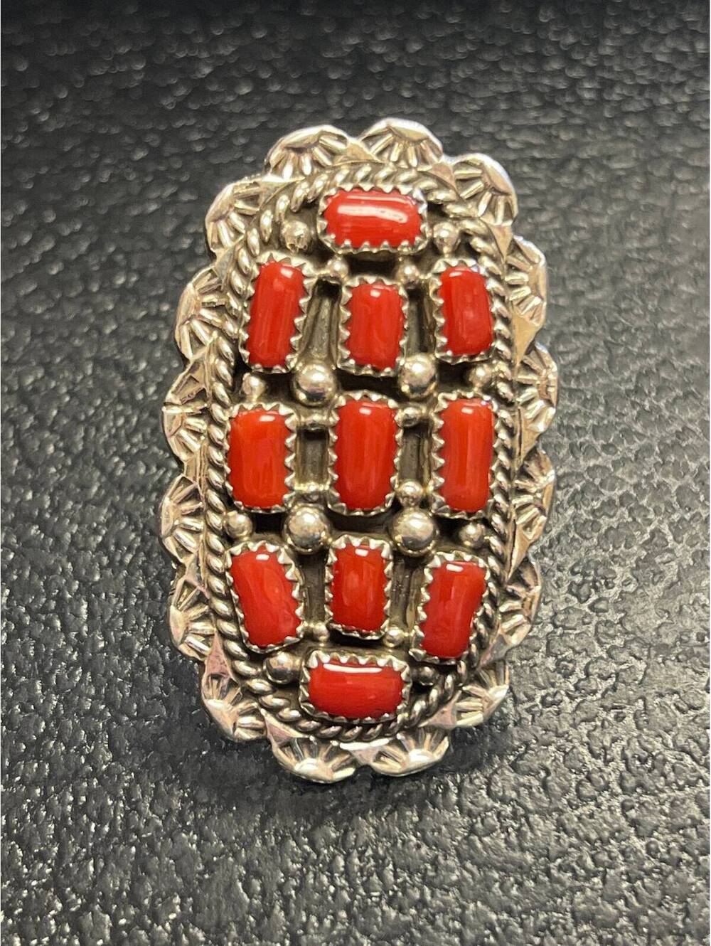 Native American Navajo sterling silver coral cluster ring size 11 -Tina Jones